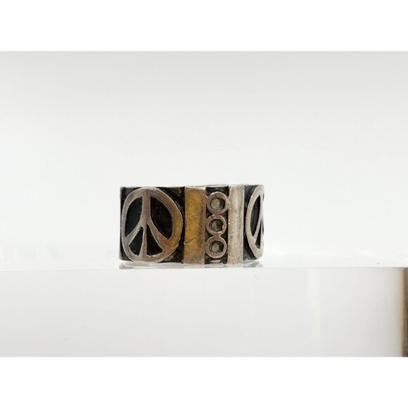 Taxco Mexico Peace Sign Cigar Banded 925 Sterling Silver Vintage Ring - sz 8.75 - Picture 5 of 13